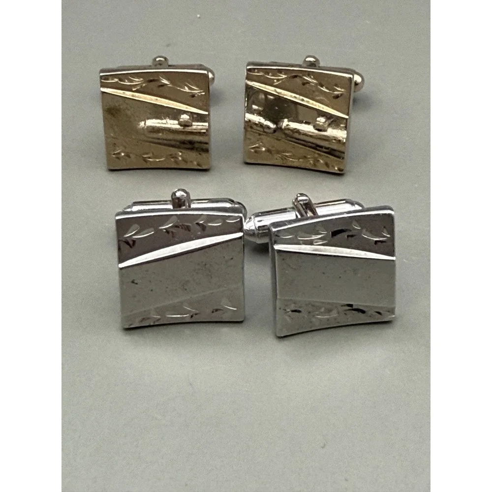 Anson Cufflinks Lot 2 Pair Mens Gold Silver Tone Etched Rectangular Bullet Back